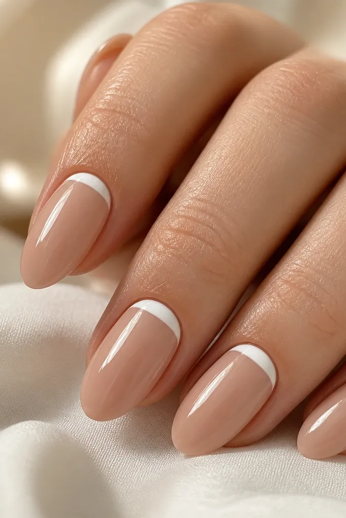 Short nails in sheer pink. A neat white half-moon sits right at the cuticle line on each nail, with a glossy finish and clean side edges.