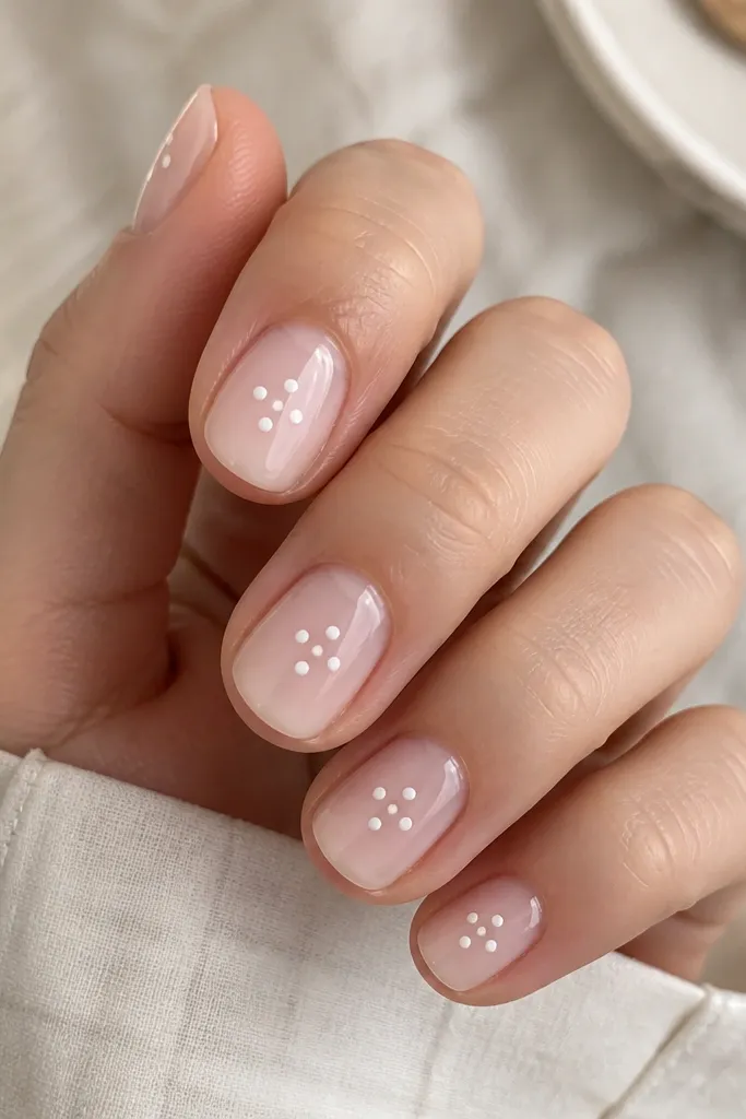 Short nails with milky nude bases. On each nail, three to five tiny white dots cluster near the center or slightly toward one side, glossy and evenly spaced.