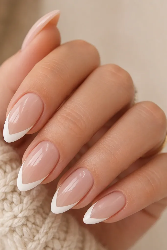 Short nails with nude bases. Each nail has a white V shape that starts near the center of the free edge and angles down toward the corners, glossy top coat.