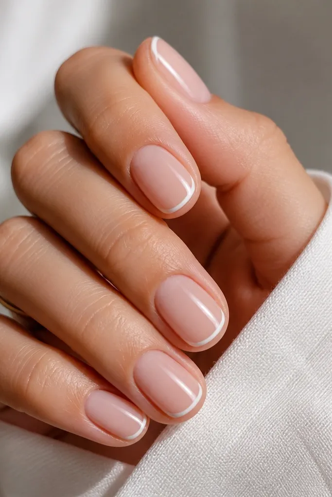 Short nails with sheer pink bases. The free edge has a thin white outline along the sides and arc, but the interior of the tip stays nude. Glossy finish.
