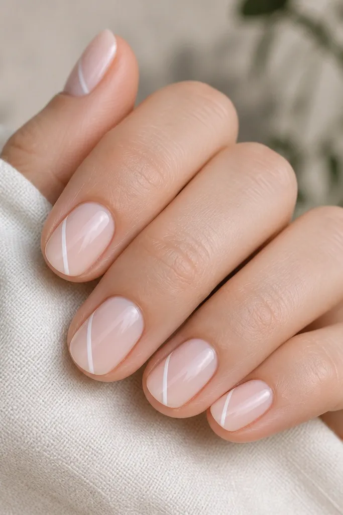 Short nails with milky nude bases. A single white diagonal stripe runs from the upper left of the nail toward the lower right near the tip, glossy and sharp-edged.