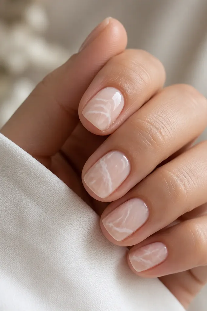 Short nails with a milky nude base. Each nail has a few thin white swipes and wispy lines that look like marble veining, finished with a glossy top coat.