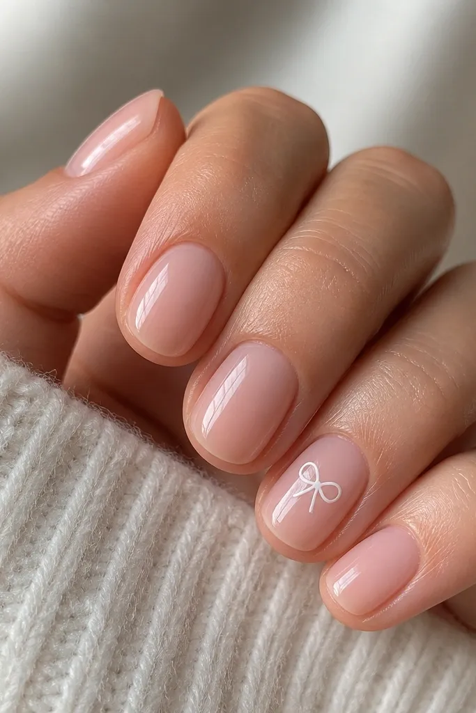 Short nails with sheer pink bases. Four nails are plain glossy nude, and one accent nail has a tiny white bow shape near the center with two loops and a small center knot.