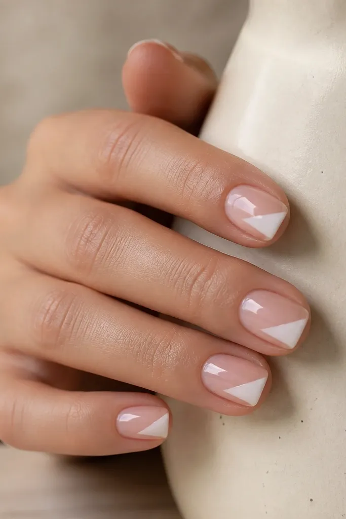 Short nails with nude bases. A white diagonal shape covers one corner of the free edge, forming a small triangle that points toward the center. Glossy top coat.