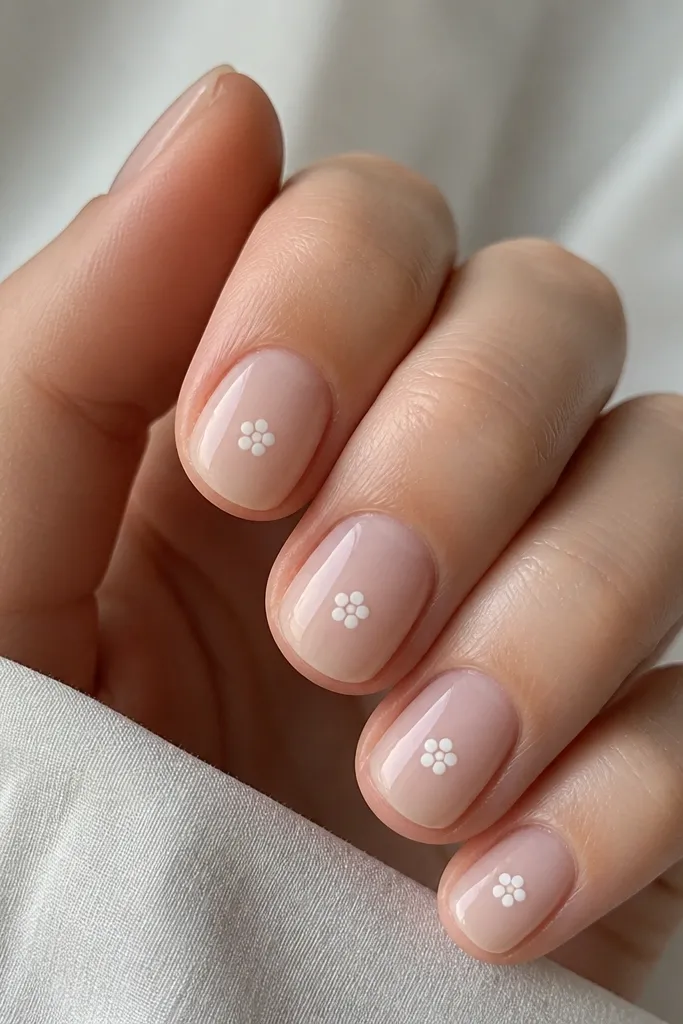 Short nails with milky nude bases. Each nail has a single small white flower near the center: a dot center with 4-6 tiny petal dots arranged evenly, glossy finish.