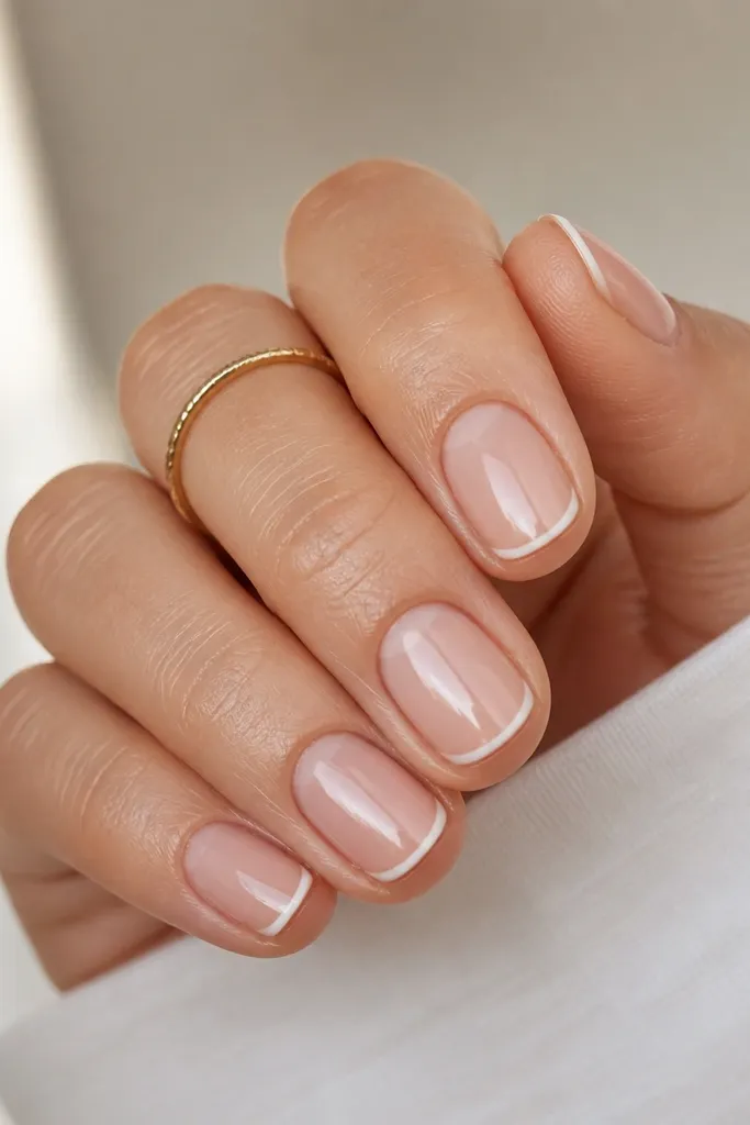 Short nails with nude bases. There's a thin white border tracing the outer edge of the free tip, with a slight inward curve, glossy finish.