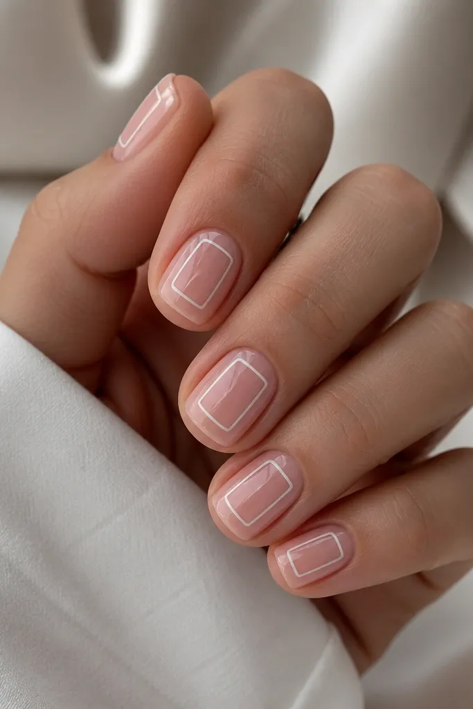Short nails with sheer pink bases. A thin white rectangular outline sits near the center of the nail with open interior, glossy top coat.