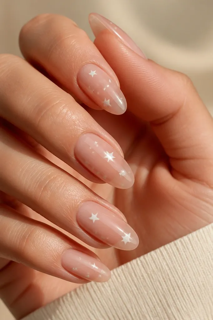 Short nails with milky nude bases. One or two small white stars appear near the tip on each nail, with sharp star points and glossy finish.
