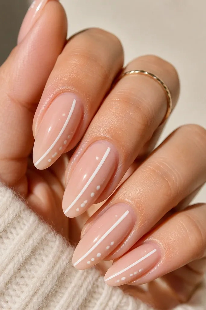 Short nails with sheer pink bases. A thin white horizontal-ish stripe sits near the free edge, and a single tiny white dot appears slightly above or below it on each nail.