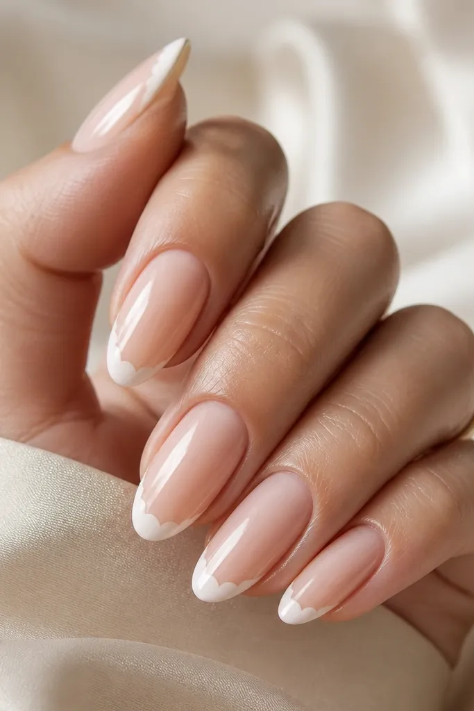 Short nails with sheer nude bases. The free edge has small white scallops like a row of mini half-circles, glossy and tidy.