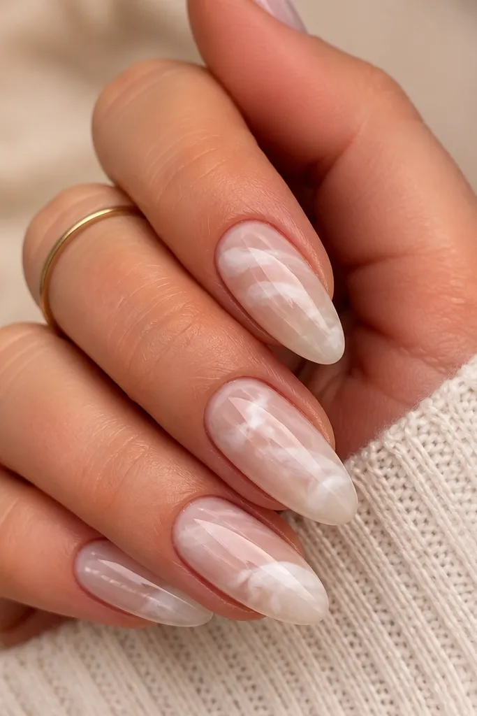 Short nails with a milky nude base. Thin white swirls and streaks float across the nail like diluted paint, with glossy top coat.