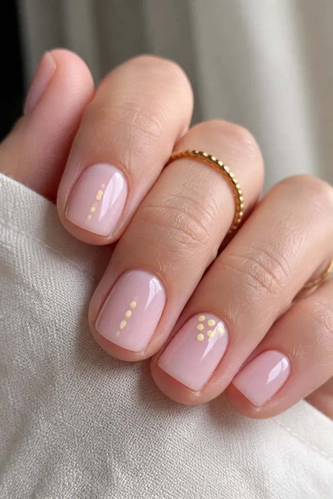 Short square nails painted sheer baby pink. Two nails have a single row of tiny lemon-yellow dots near the center; the ring finger has three dots clustered near the cuticle.