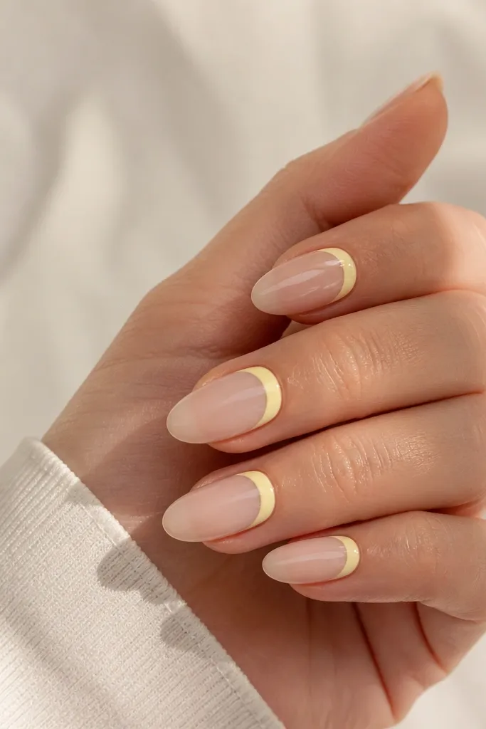 Medium almond nails with a sheer light pink base. The cuticle area on each nail is painted in a smooth half-moon of light yellow, leaving a clean crescent gap between pink and yellow.