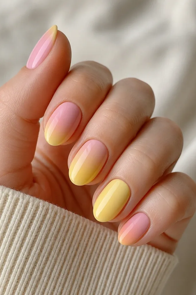 Five nails each show a different blend: thumb is mostly light pink with a faint yellow edge, index is pink-yellow gradient, middle is more yellow, ring is butter yellow with a soft pink fade, pinky is light pink with a yellow tint.
