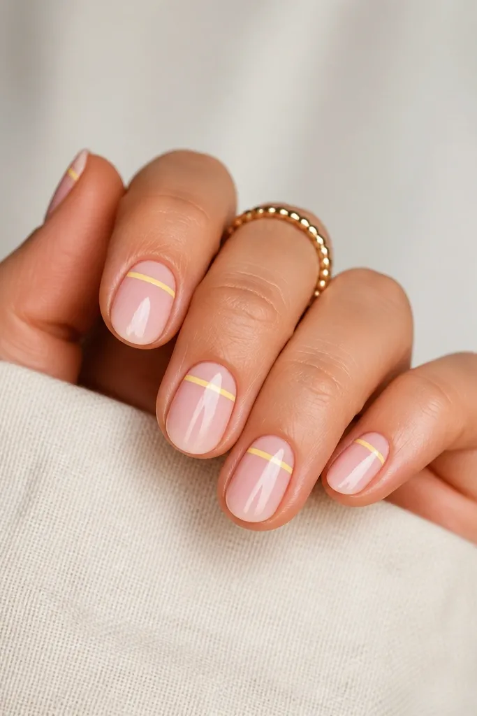 Short oval nails painted milky pink. Each nail has a single thin lemon-yellow stripe running horizontally across the upper part of the tip, parallel to the smile line.