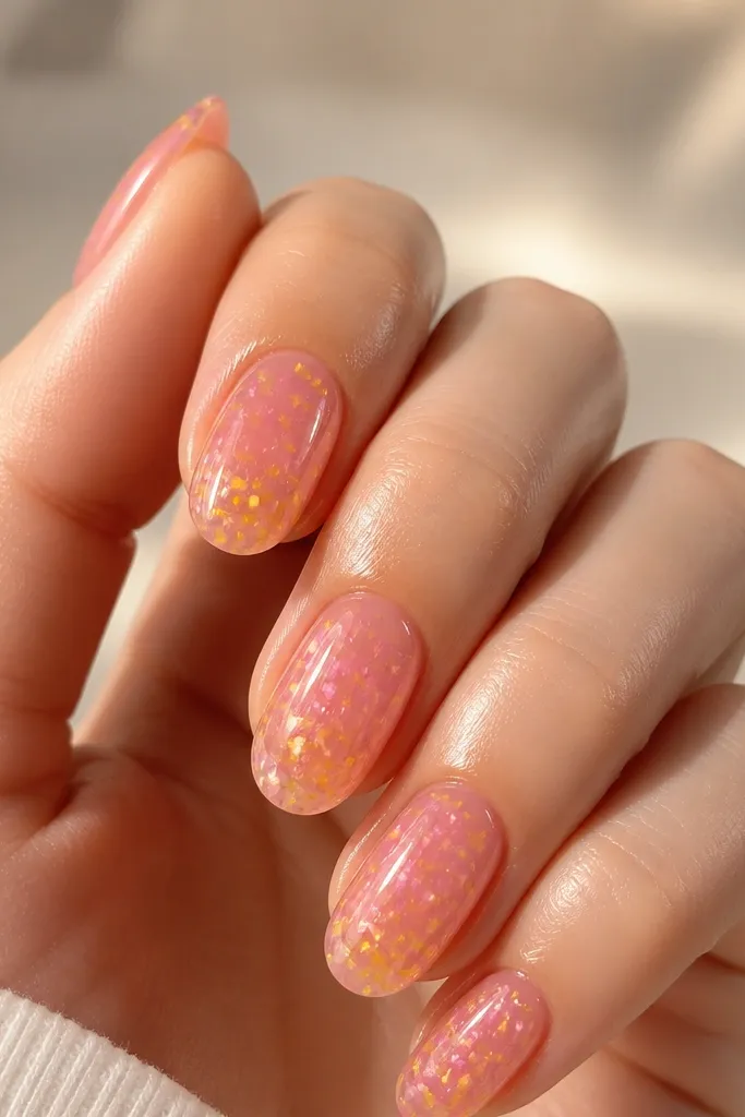 Glossy medium almond nails with a jelly-like light pink base. Small irregular yellow confetti dots float in the center of each nail, with one accent nail having more pieces clustered toward the cuticle.