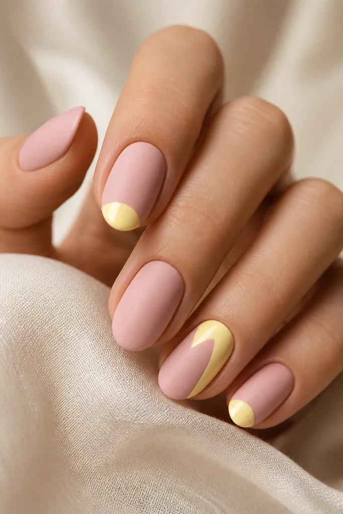 Short squoval nails in matte light pink. On the ring finger and middle finger, the top half is painted glossy lemon yellow in a curved shape that stops mid-nail.