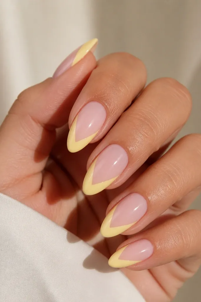 Medium almond nails with a milky light pink base. A V-shaped yellow French tip sits at the center of the nail, with the arms of the V stopping before the sidewalls.