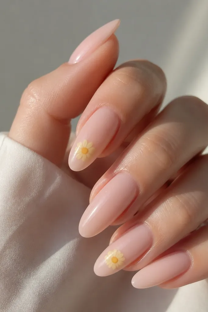 Long tapered nails painted sheer blush pink. Each thumb and ring finger has a small yellow daisy with a darker yellow center, drawn near the lower middle of the nail.