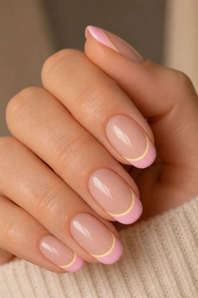 Short oval nails with a thin traditional French tip in light pink. Around the edge of the French line is a hair-thin outline in light yellow, like a double border.