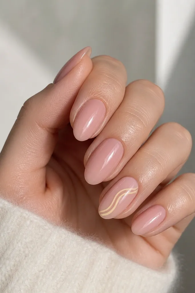 Medium almond nails with a light pink base. One accent nail shows a creamy yellow swirl line that loops from the side to the center, with a second thinner yellow line following the curve.