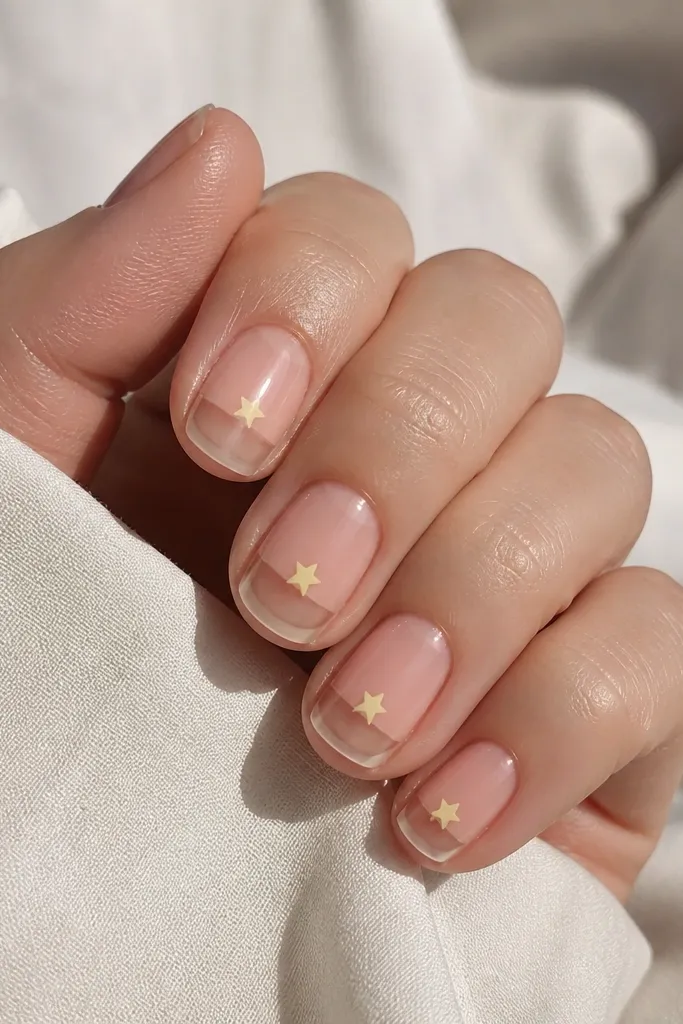 Short squoval nails with a sheer pink base. The lower half of each nail has a negative-space clear window. A small yellow star sits on the boundary line near the center.
