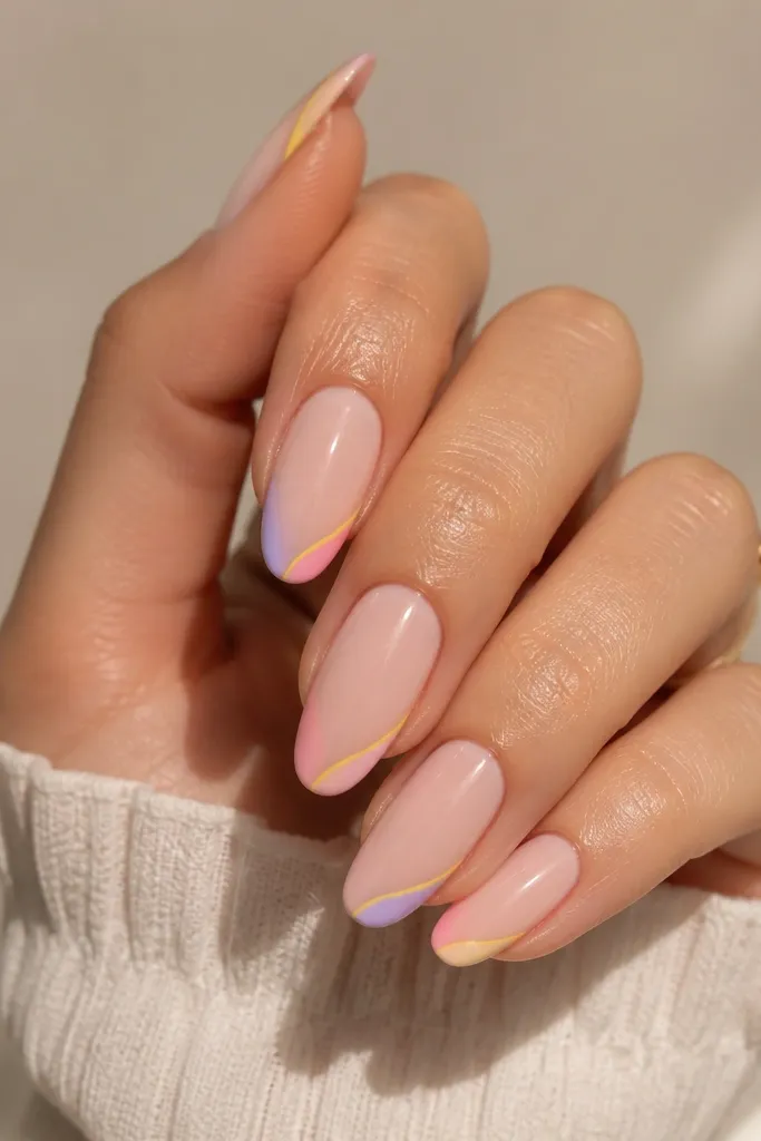 Nails are mostly light pink with a smooth gradient near the tip. The very edge of each tip is a thin line of buttery yellow, blending into pink above.