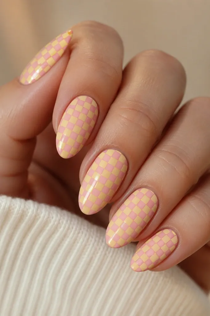 Medium square nails with a light pink base. On two nails, the tip area has a micro checker pattern made of tiny yellow and pink squares, about 1/4 of the nail length.
