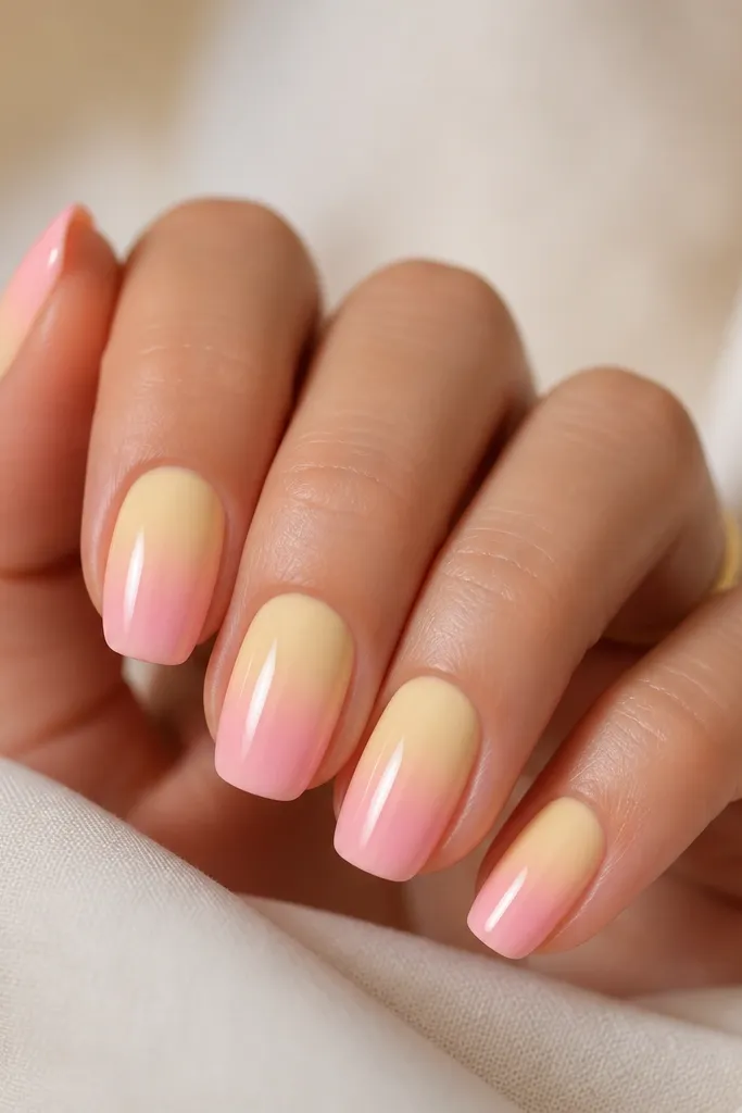 Short almond nails with yellow concentrated at the cuticle, fading into a blush pink toward the tip. The transition is smooth and soft with no hard line.