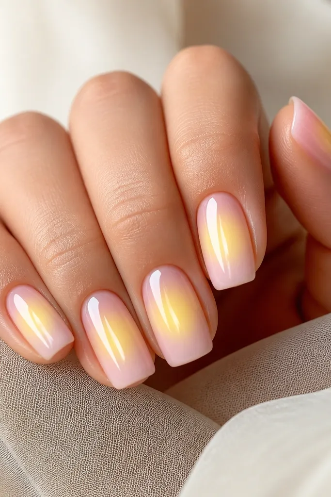 Long ballerina nails with a soft aura effect: a pale blush pink halo surrounds a brighter buttery yellow center spot on each nail.
