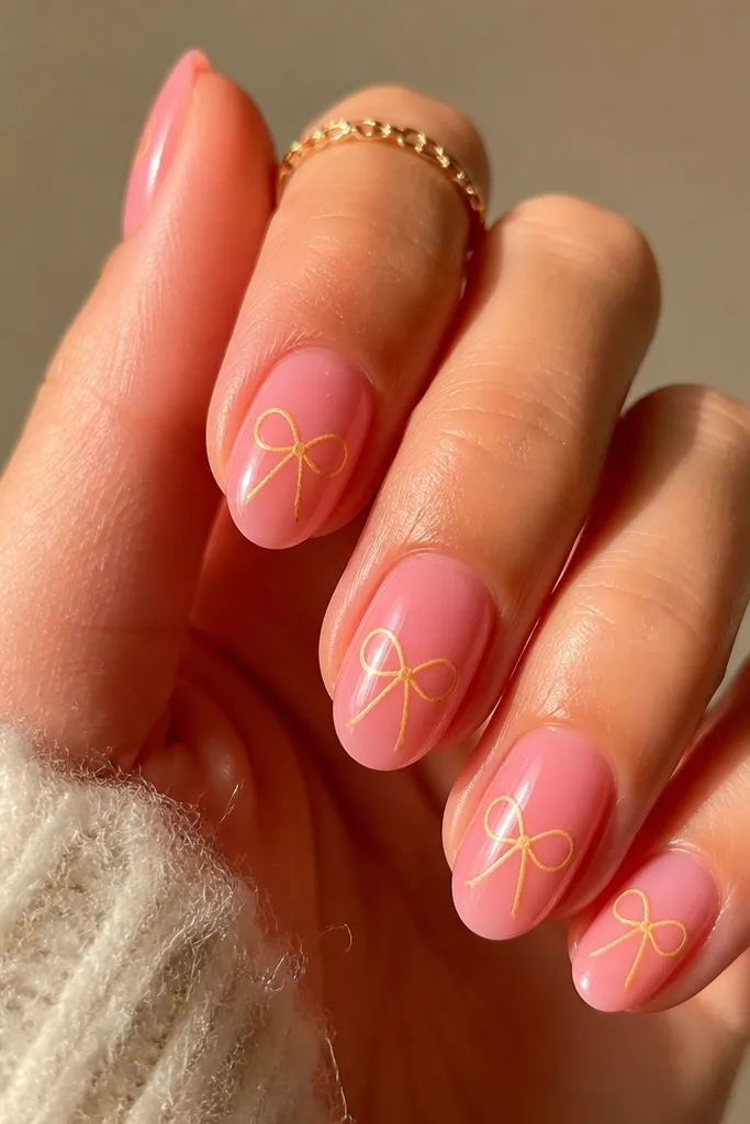 Square nails painted light pink. Each ring finger has a small bow made from two yellow curved lines with a tiny yellow knot in the center, placed near the middle of the nail.