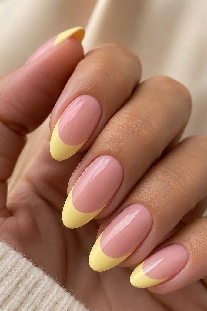 Nails with a glossy light pink base. The tips are painted light yellow but finished matte, creating a two-texture look on the ends.