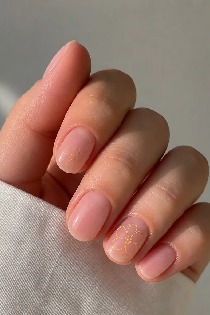 Short oval nails in jelly light pink. On two nails, there are yellow outline flowers drawn with thin lines, with no filled petals, plus tiny yellow dots in the center.