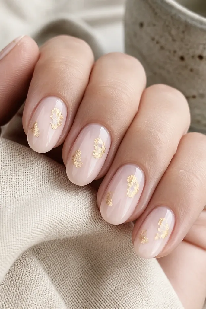 Nails painted milky light pink. On each nail, small patches of pale yellow foil flakes sit near the center and near one side, with irregular edges.