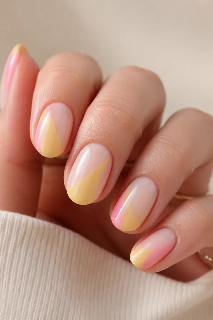 Each nail is split diagonally: one side is light pink, the other side has a yellow ombre fading from pale yellow to slightly deeper butter yellow near the tip.