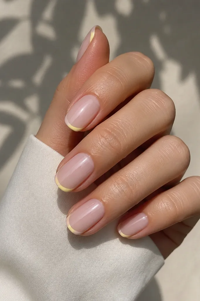 Sheer blush pink nails. Each nail has a small lemon-yellow French corner at the outer side of the tip, like a quarter-moon on one edge.