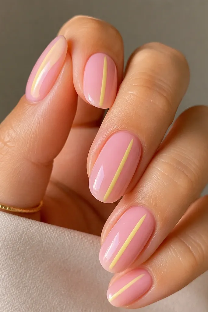Short squoval nails painted light pink. Two nails have a pair of thin yellow lines running vertically along the side edges, leaving the center clear and clean.