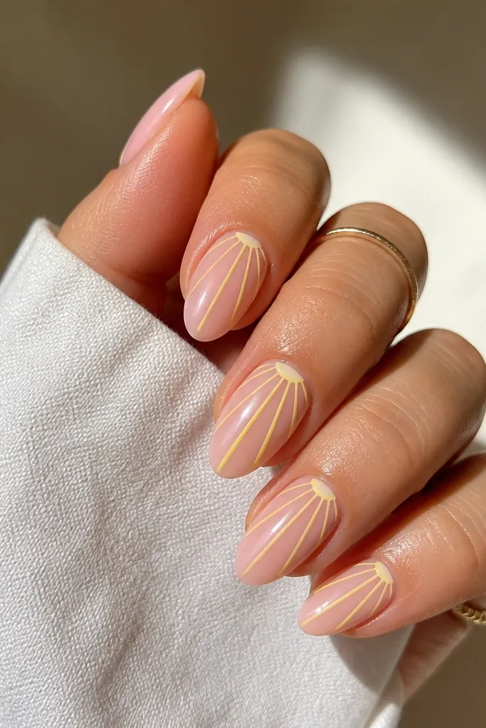 Medium almond nails with a sheer pink base. Yellow lines radiate like sunbeams from near the cuticle toward the tip, with 3-4 thin beams per nail.