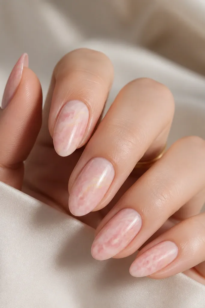Nails with light pink cloudy marble. Light yellow swirls float through the pink like wisps, concentrated toward the center and fading outward.