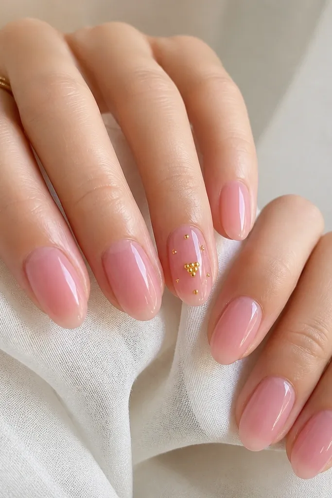 Glossy light pink jelly nails. On one accent nail, three tiny yellow bead charms are placed in a triangle near the center, with two smaller beads closer to the cuticle.