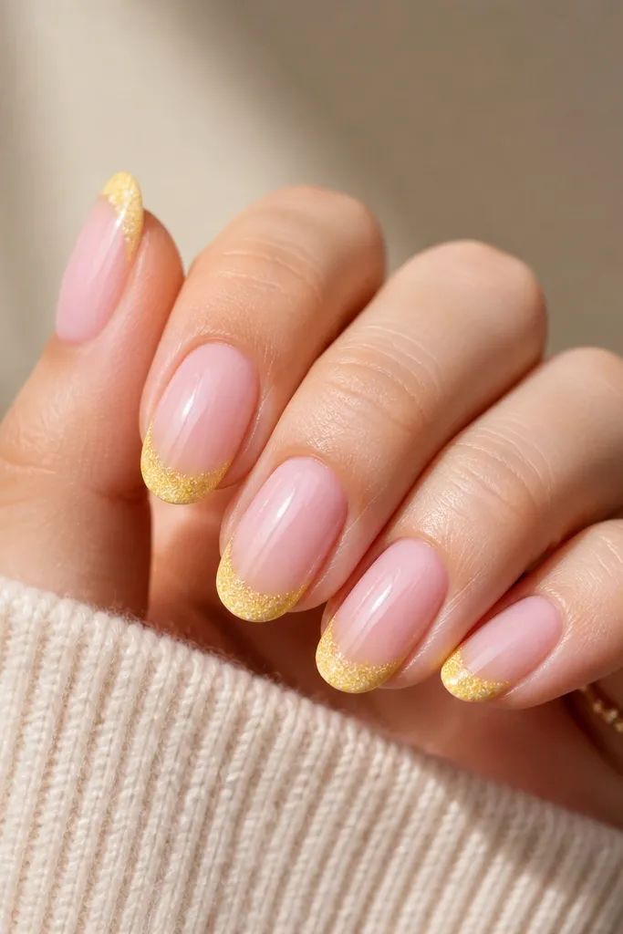 Short almond nails in light pink. The tips have a half-glitter effect: yellow glitter starts mid-nail and fades toward the tip in a soft gradient.