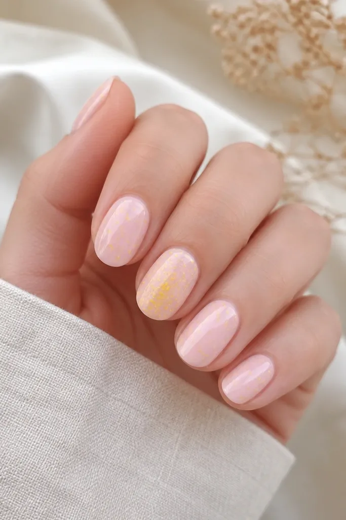 Light pink nails with small yellow splatter marks across the top half. The splatters are irregular dots and streaks, with one accent nail having more density near the center.