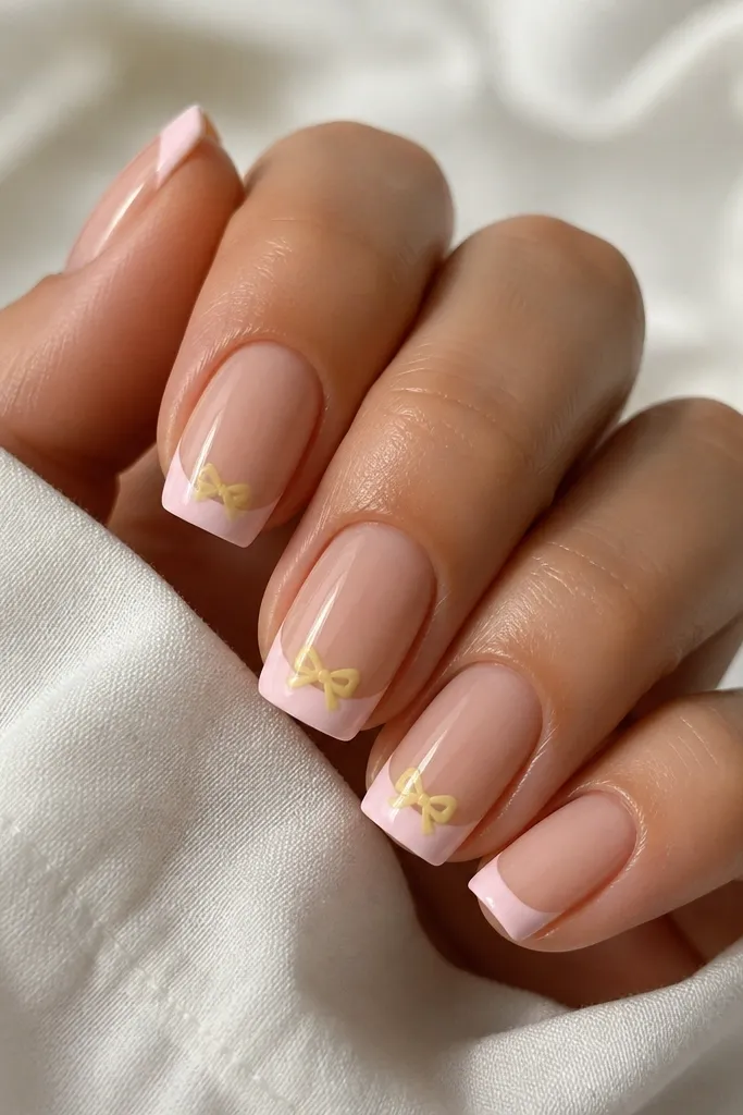Nails with a light pink French tip. On two nails, a small yellow bowtie shape sits just above the French line, centered.
