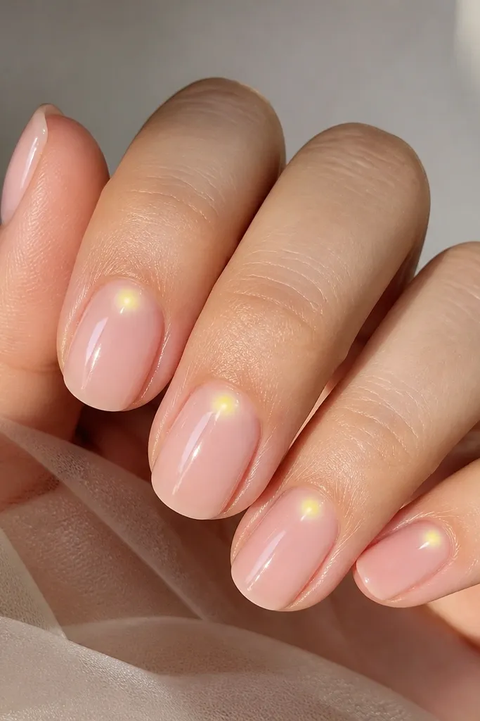 Sheer light pink nails with one small buttery yellow dot placed a few millimeters from the cuticle on each nail. The dots have a soft halo effect blending outward.