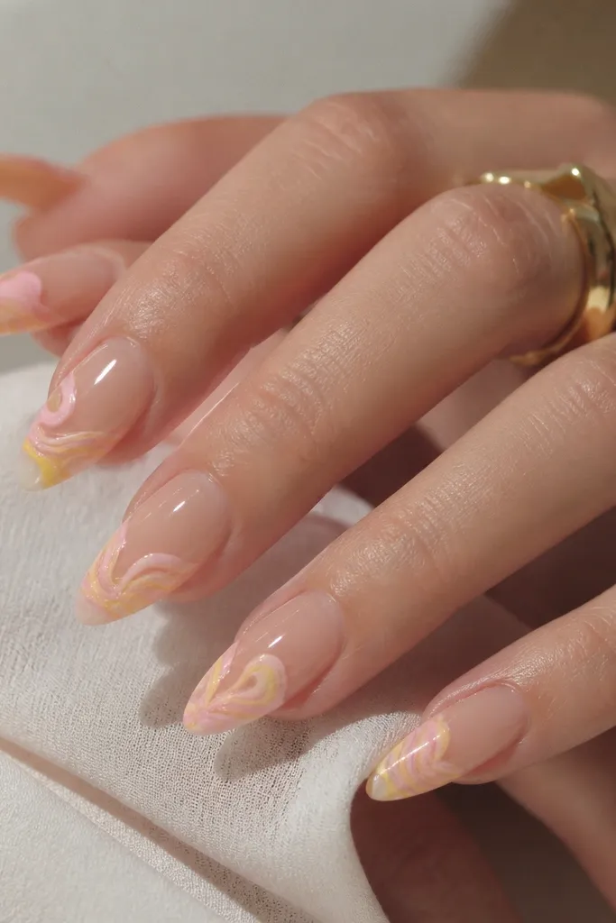 Nails with a clear negative center. The top tip area has swirling light pink and yellow lines, while the middle stays transparent and the overall look is airy.