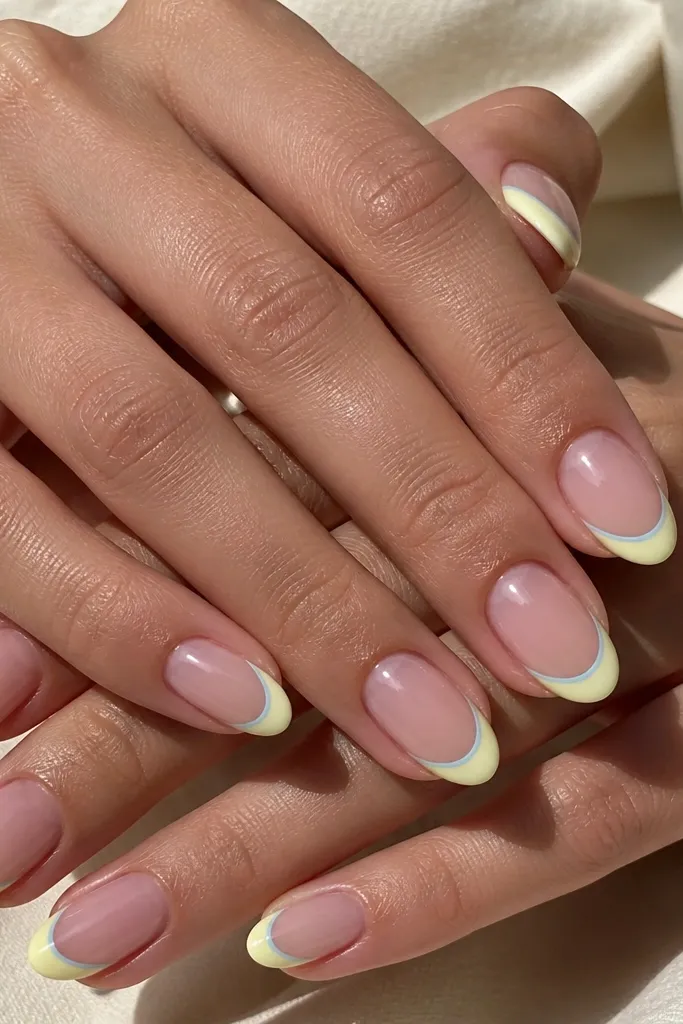 Hands with short almond nails. The base is sheer nude. French tips are buttercream yellow, and each tip has a thin sky-blue line tracing the outer edge. The overall finish is glossy.