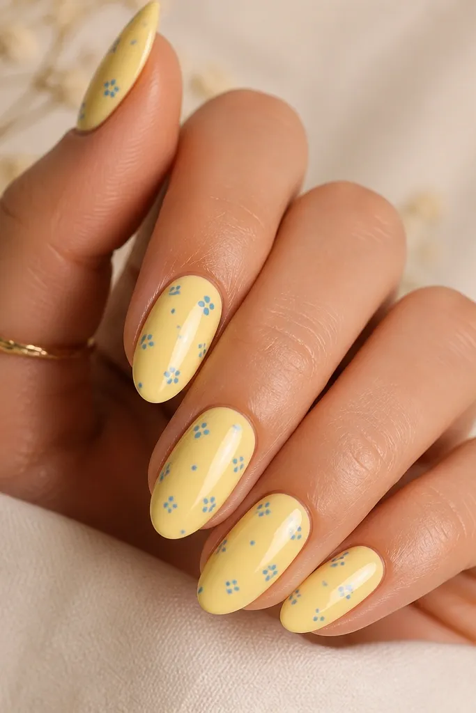 Light almond nails painted solid lemon yellow. On two accent nails, tiny cornflower blue dots are scattered in a loose pattern. Other nails stay solid yellow. Glossy finish.