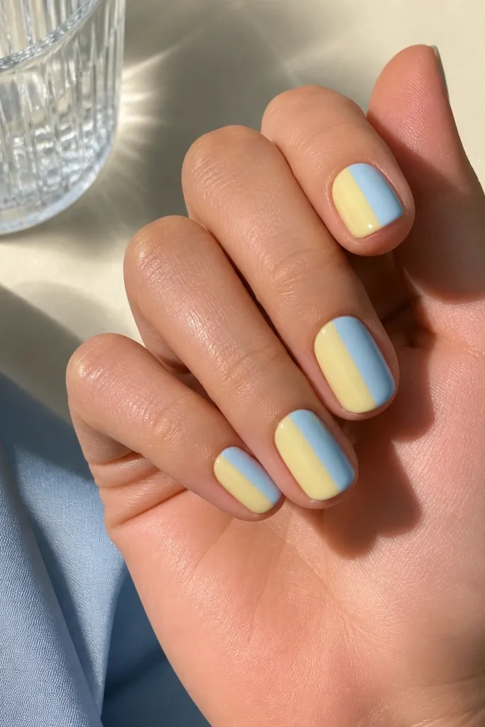 Nails show a clean half-moon split at the cuticle. The left side of each nail is buttercream yellow and the right side is powder blue. The line is straight and glossy.