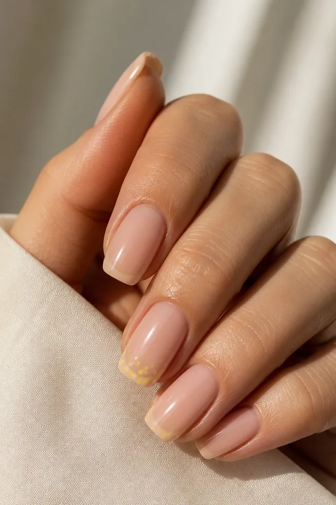 Most nails have a clean sky-blue base with glossy finish. One accent nail on each hand shows a French tip made from yellow dots, with tiny blue dots scattered between. Other nails are solid blue.