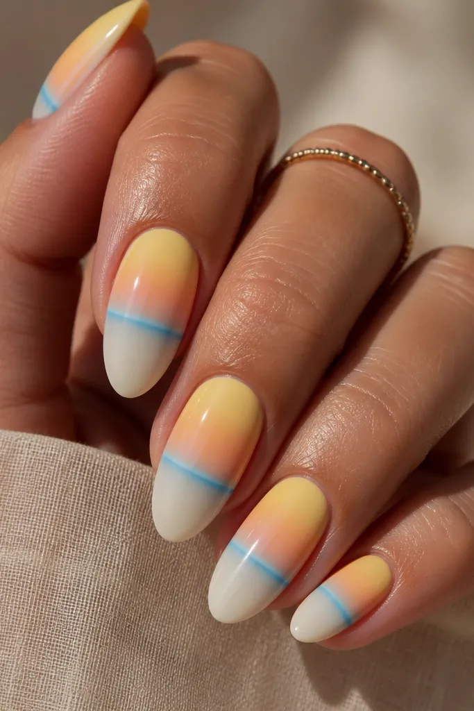 Almond nails with a sunrise effect: pale yellow at the cuticle blending into lighter blue toward the tip. A single thin cobalt-blue line runs horizontally across the middle like a horizon. Glossy finish.